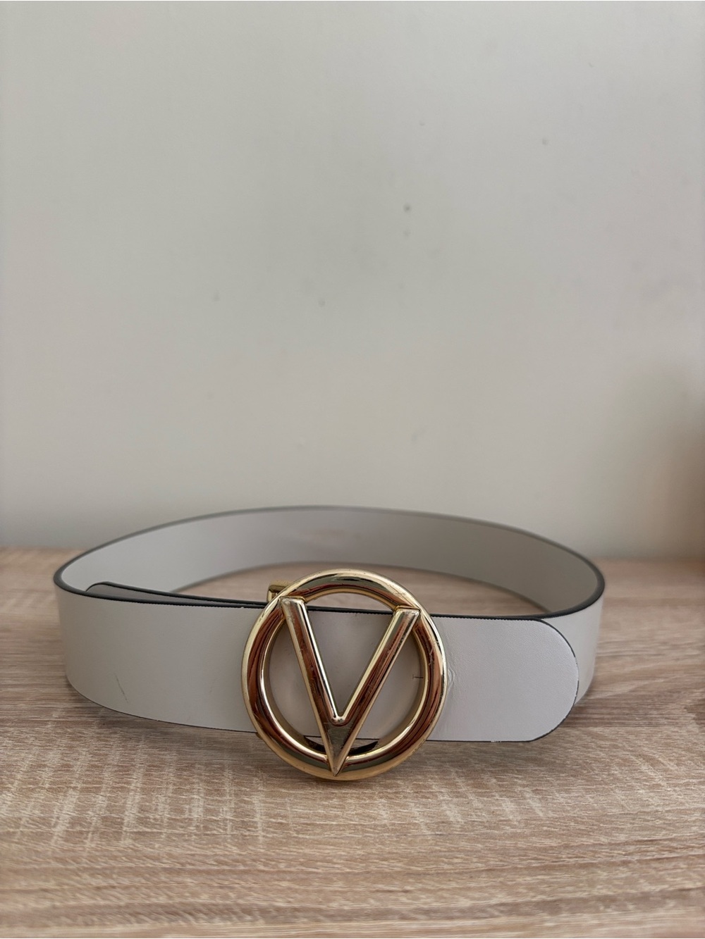 Valentino by Mario Valentino Ivory Leather Belt with Gold V Buckle